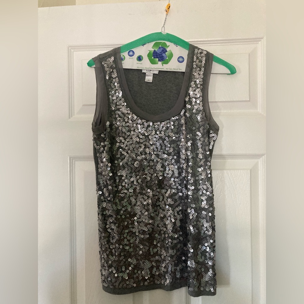 LOFT Gray Sequin Sleeveless Blouse, Size Medium
